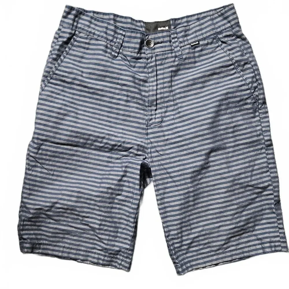 Hurley Men's Size 28 Shorts Gray Blue Striped Chino Casual Walk Flat Front